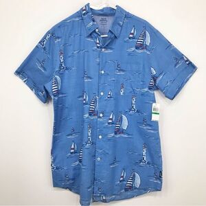 IZOD Saltwater Light Blue Sailboat Nautical Print Cotton Shirt Sleeve Shirt NEW